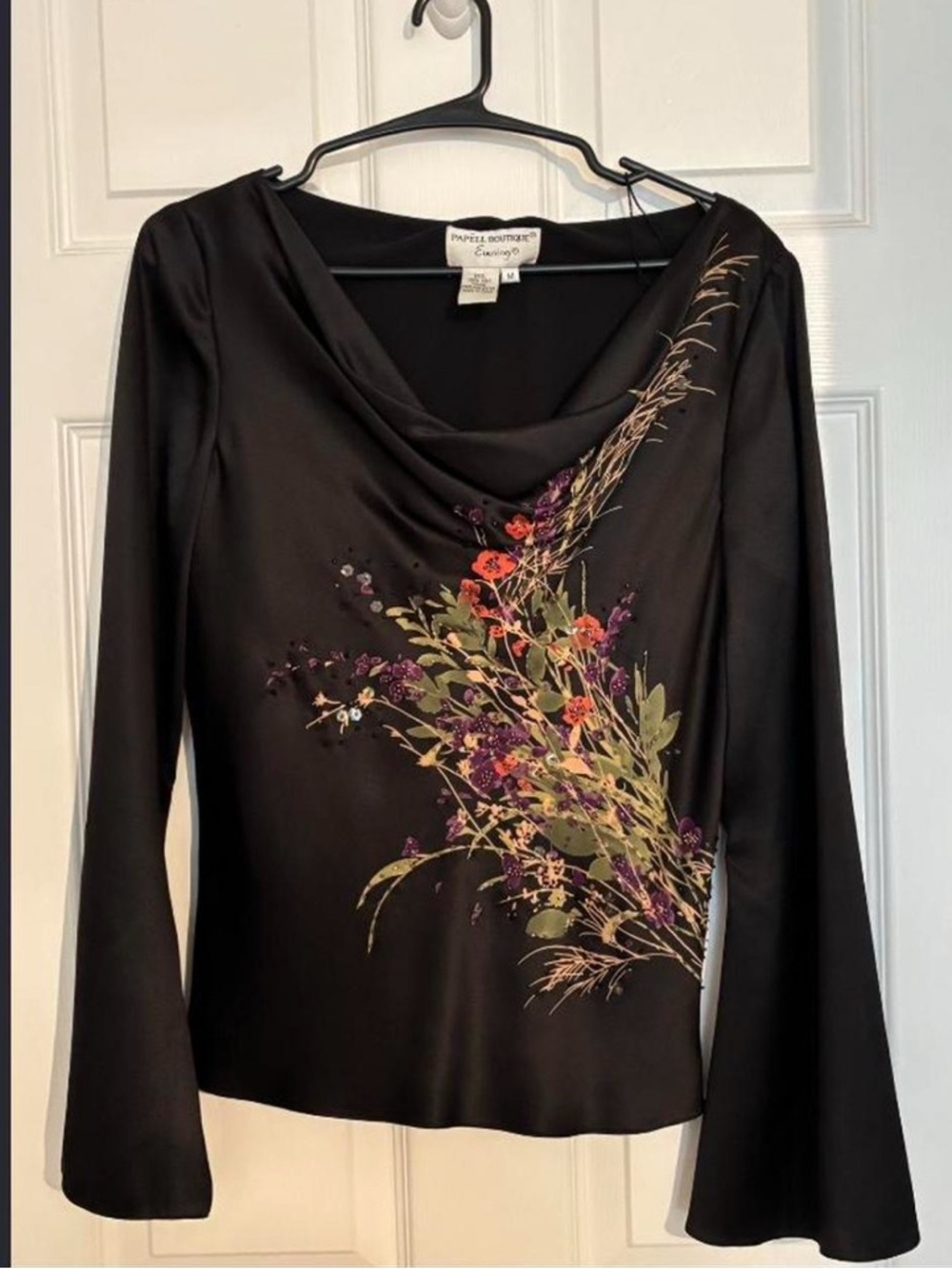 Papell Boutique Black Floral Cowl Neck Blouse